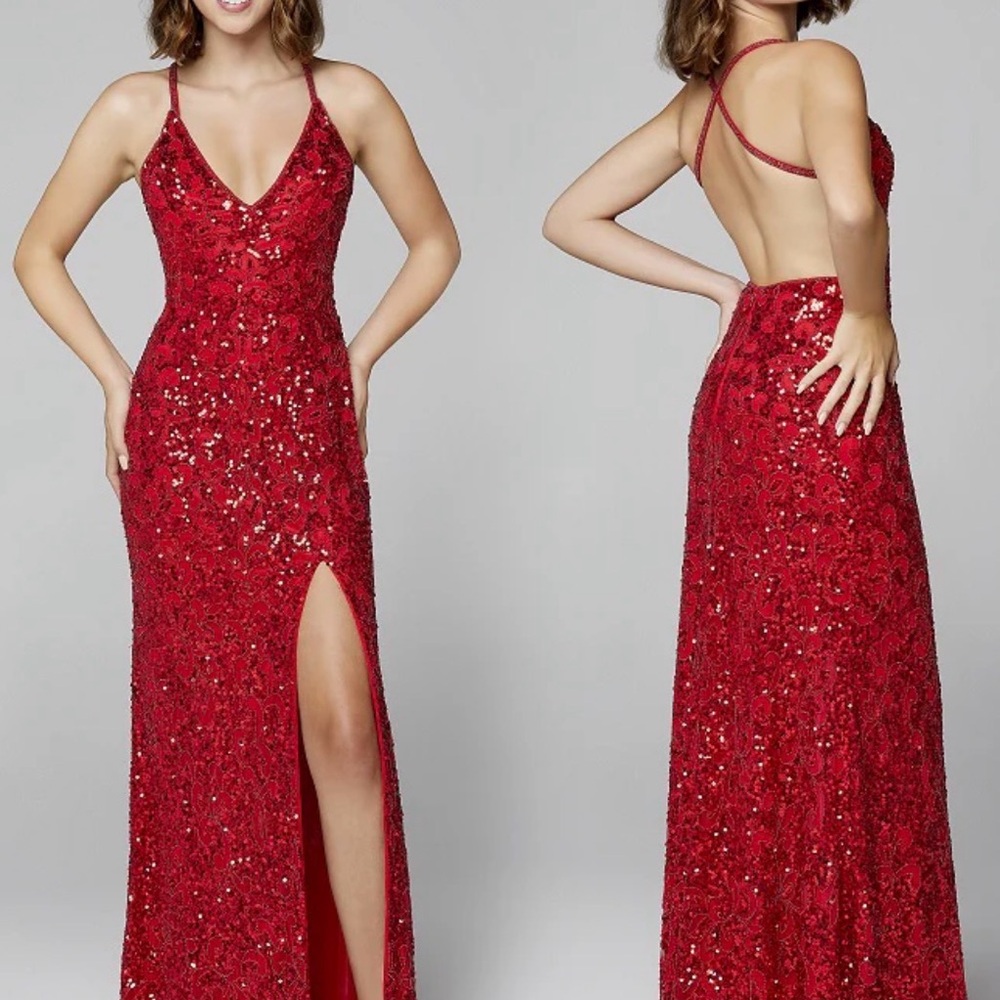 Primavera Couture 3295 Red Size 0 Prom dress v neckline sequins backless slit